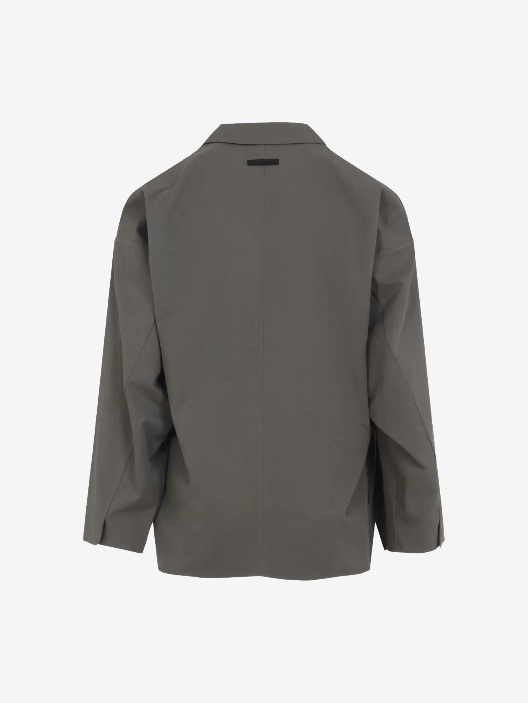 Grey blazer, back view showing straight hemline