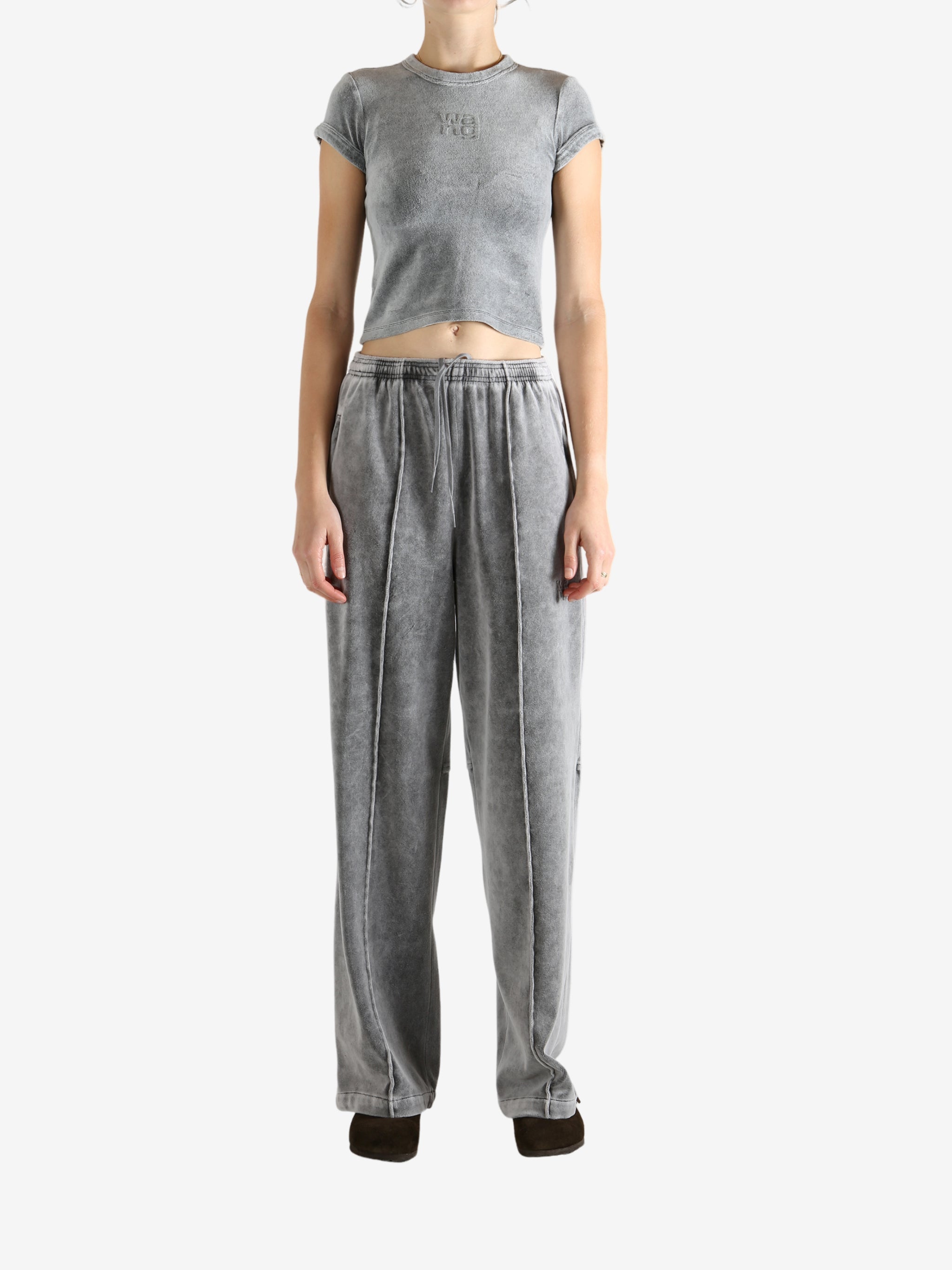 Grey t-shirt, full body view