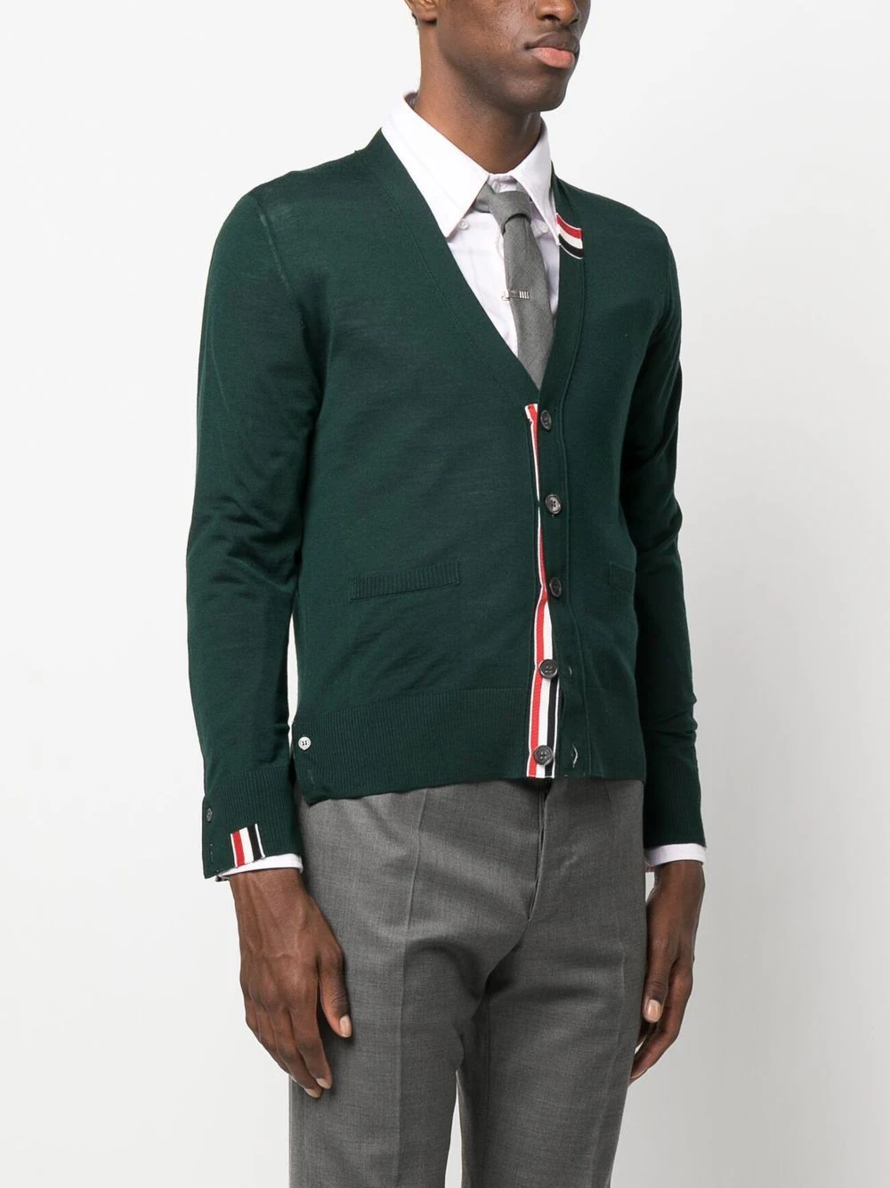 THOM BROWNE Men Jersey Stitch Relaxed Fit V Neck Cardigan in Fine
