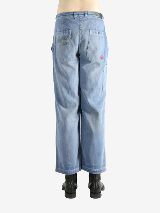 Blue pants worn by a person, showing the pants' fit