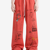 Red pants worn by a person, showing the pants fit