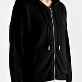 Black hoodie worn by a person, side view