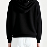 Black hoodie worn by a person, back view