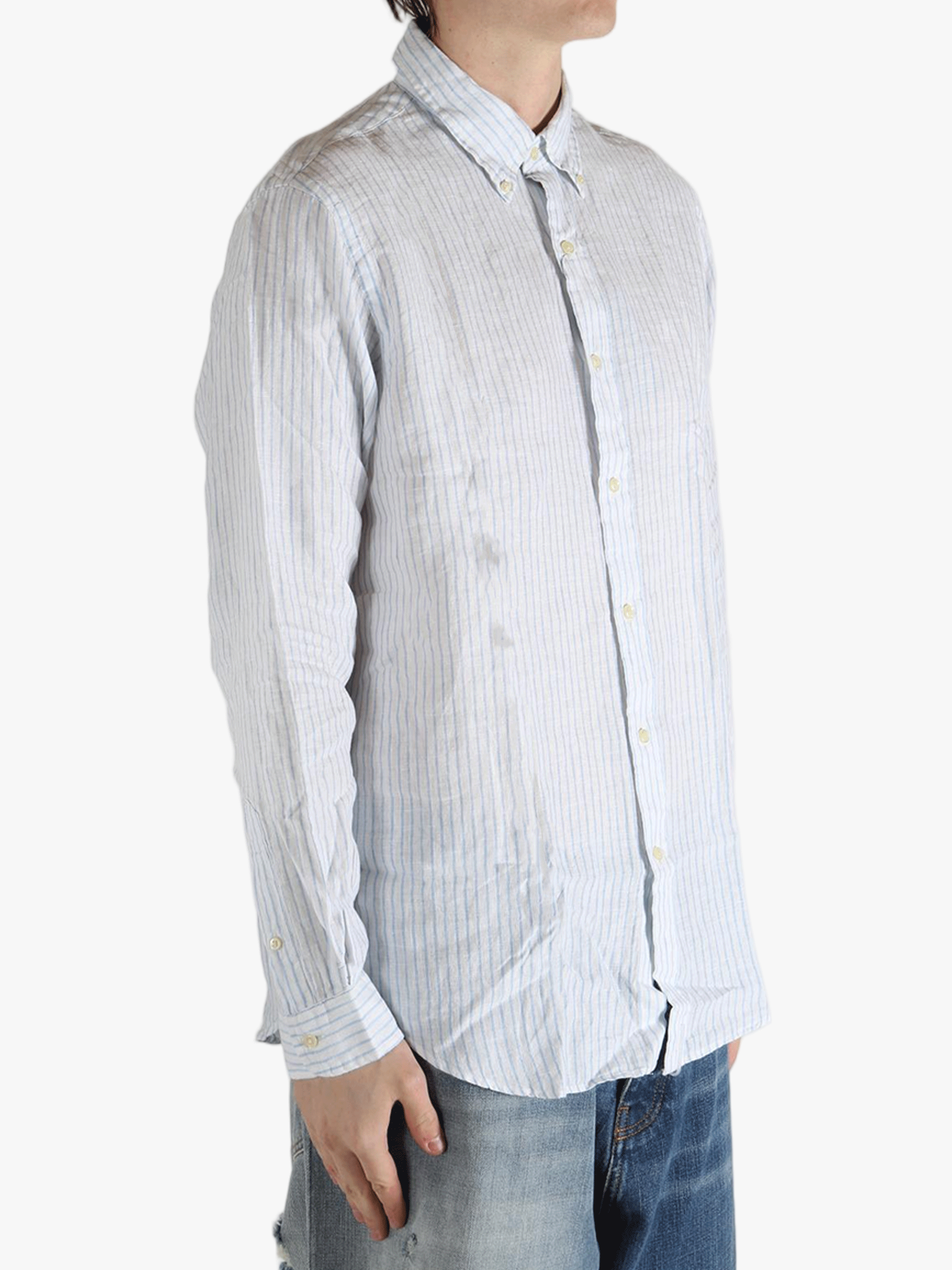 Blue shirt worn by a person, showing the shirt's fit