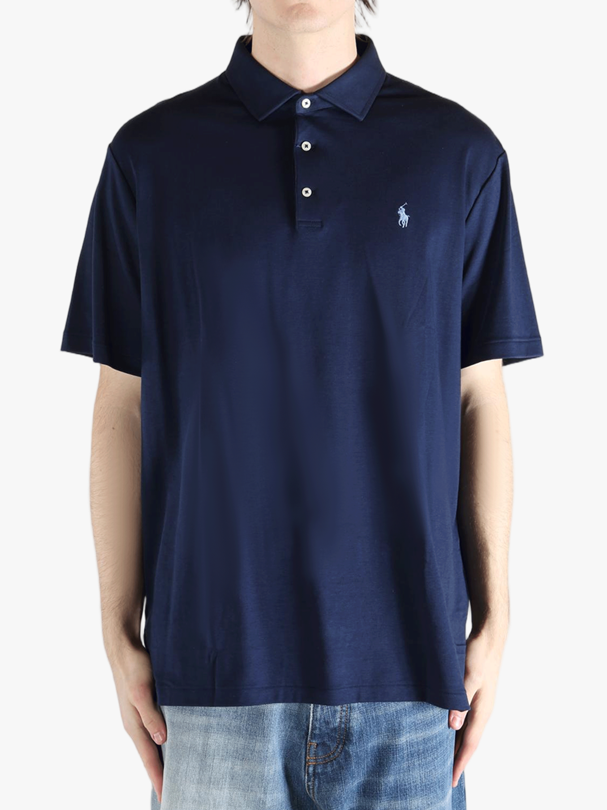 Navy shirt worn by a person, showing the shirt's fit