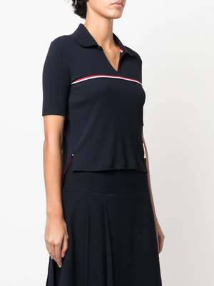 THOM BROWNE Women Ribbed Strip Front Polo SS Shirt
