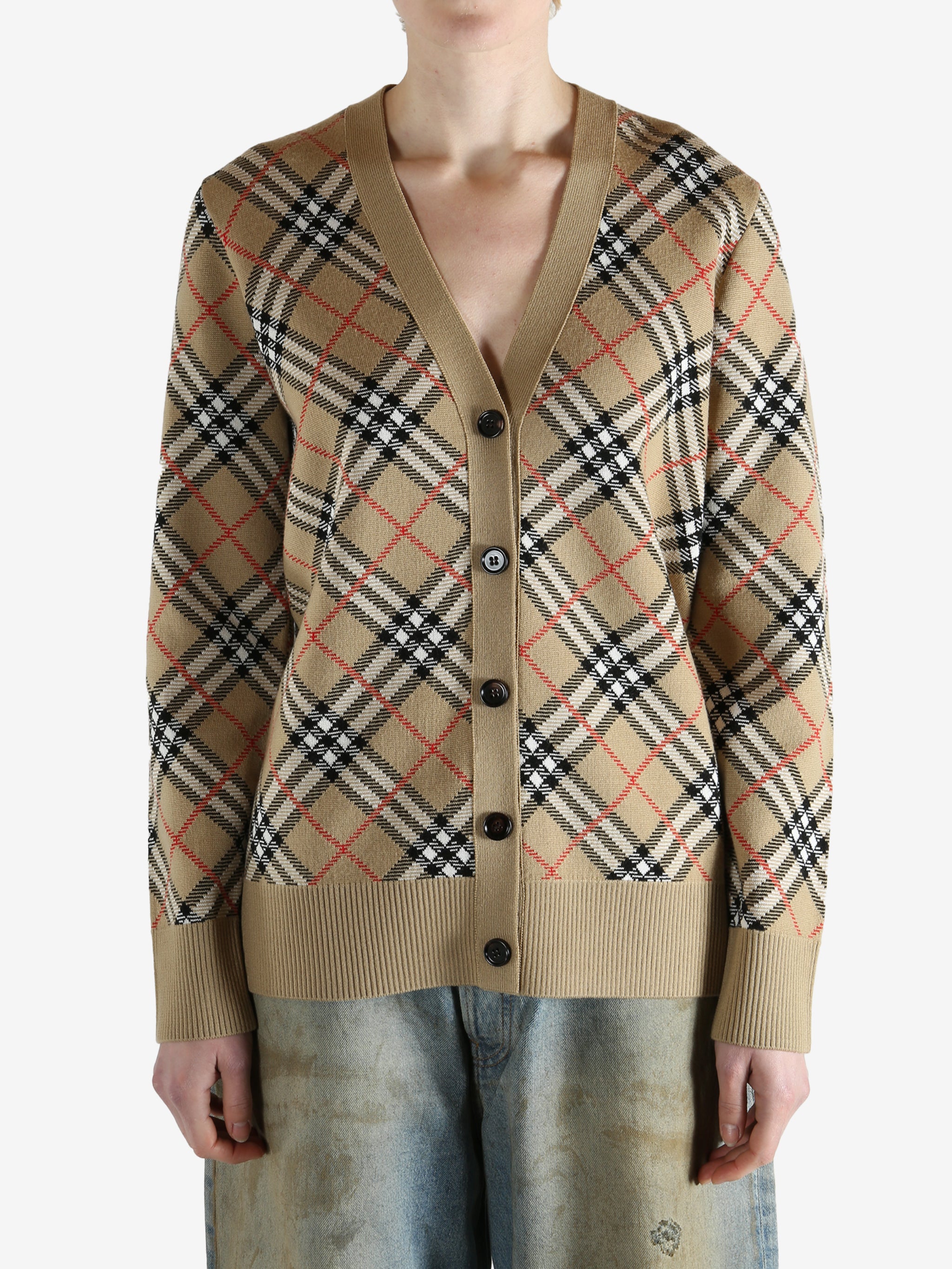 Burberry checkered cardigan worn by a person, showing the cardigan fit