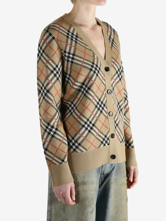 Burberry checkered cardigan worn by a person, showing the cardigan fit