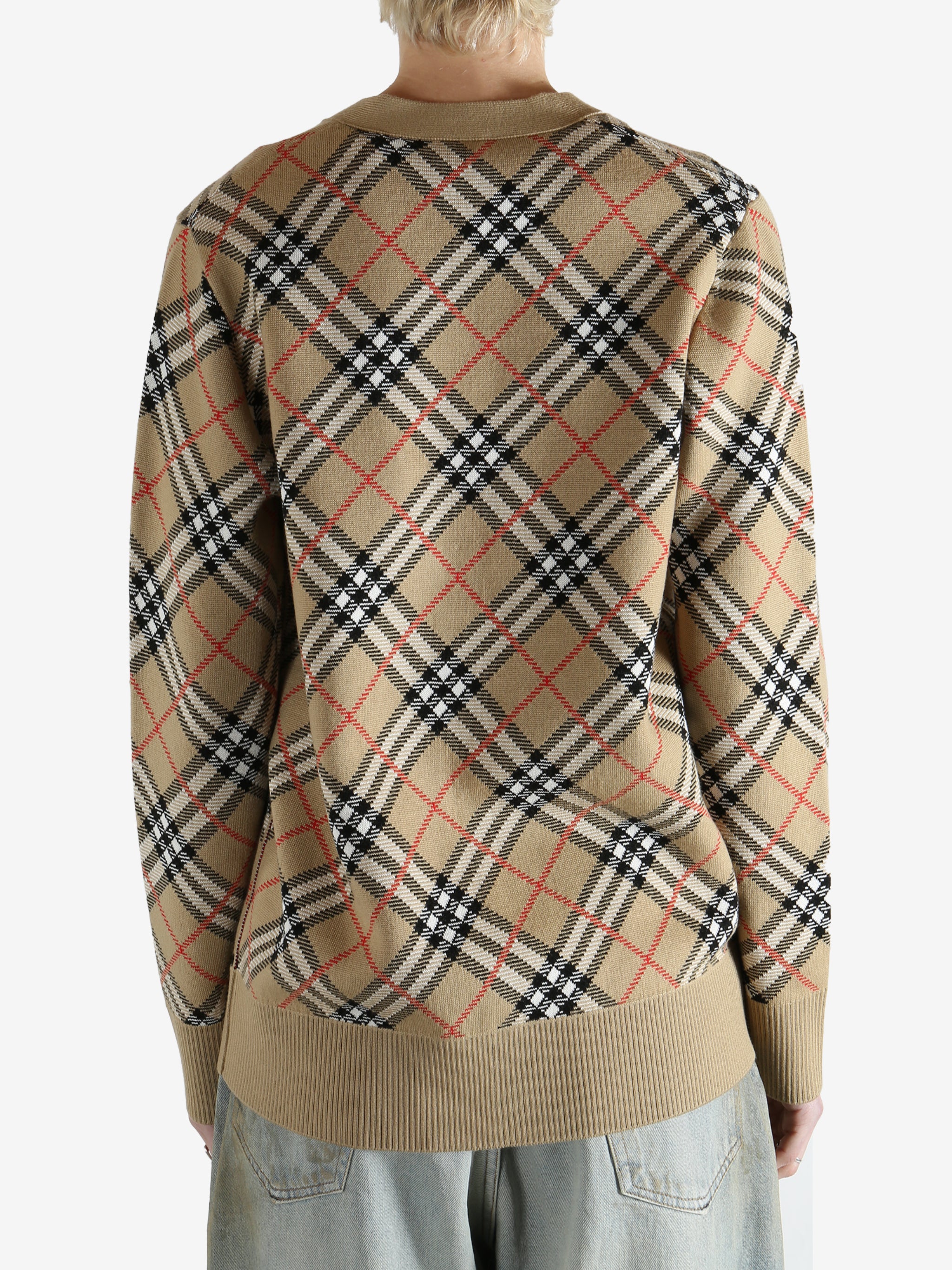 Burberry checkered cardigan worn by a person, showing the cardigan fit
