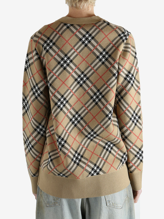Burberry checkered cardigan worn by a person, showing the cardigan fit