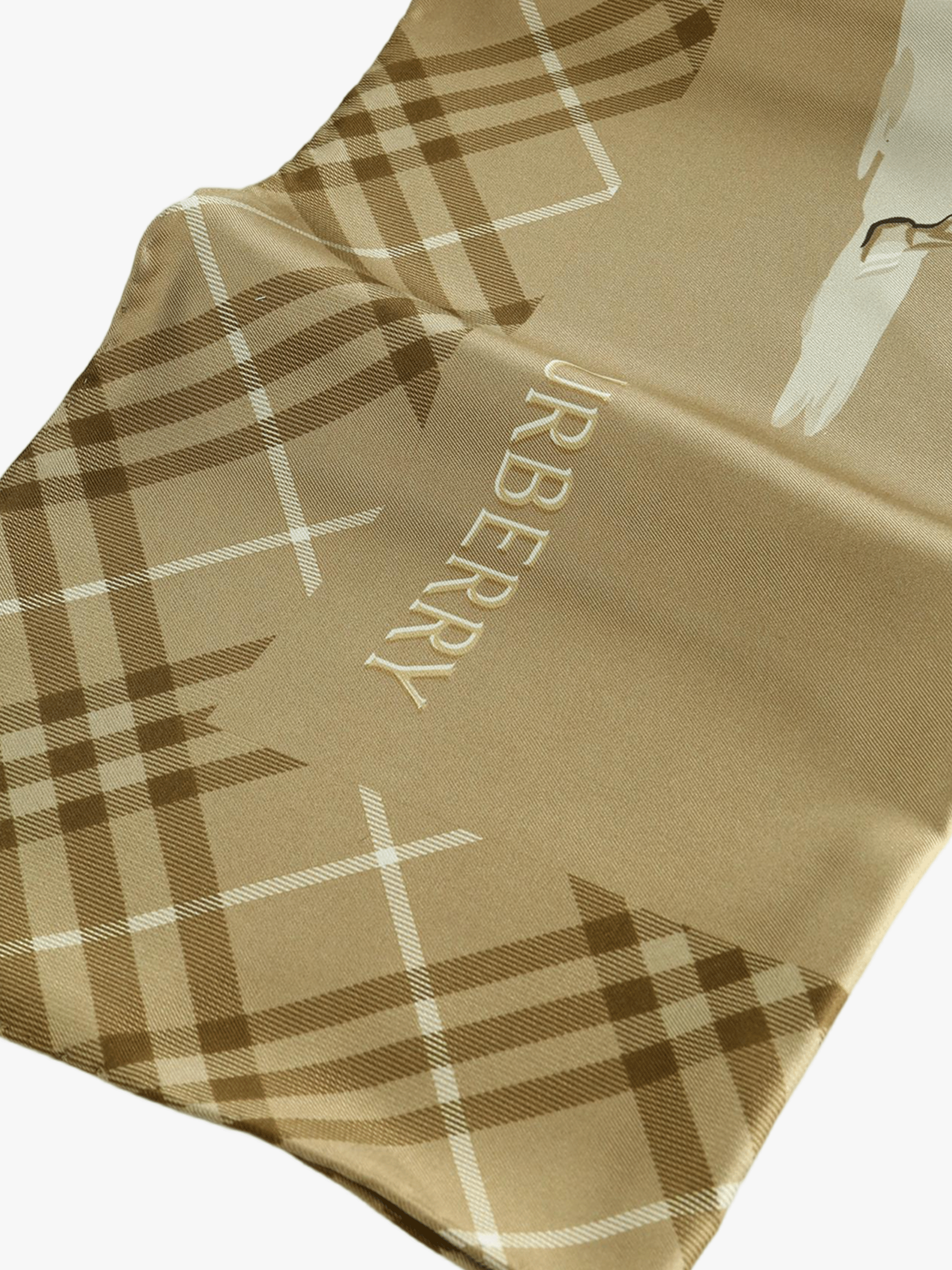 Close up of the tan scarf, showing texture of the silk fabric