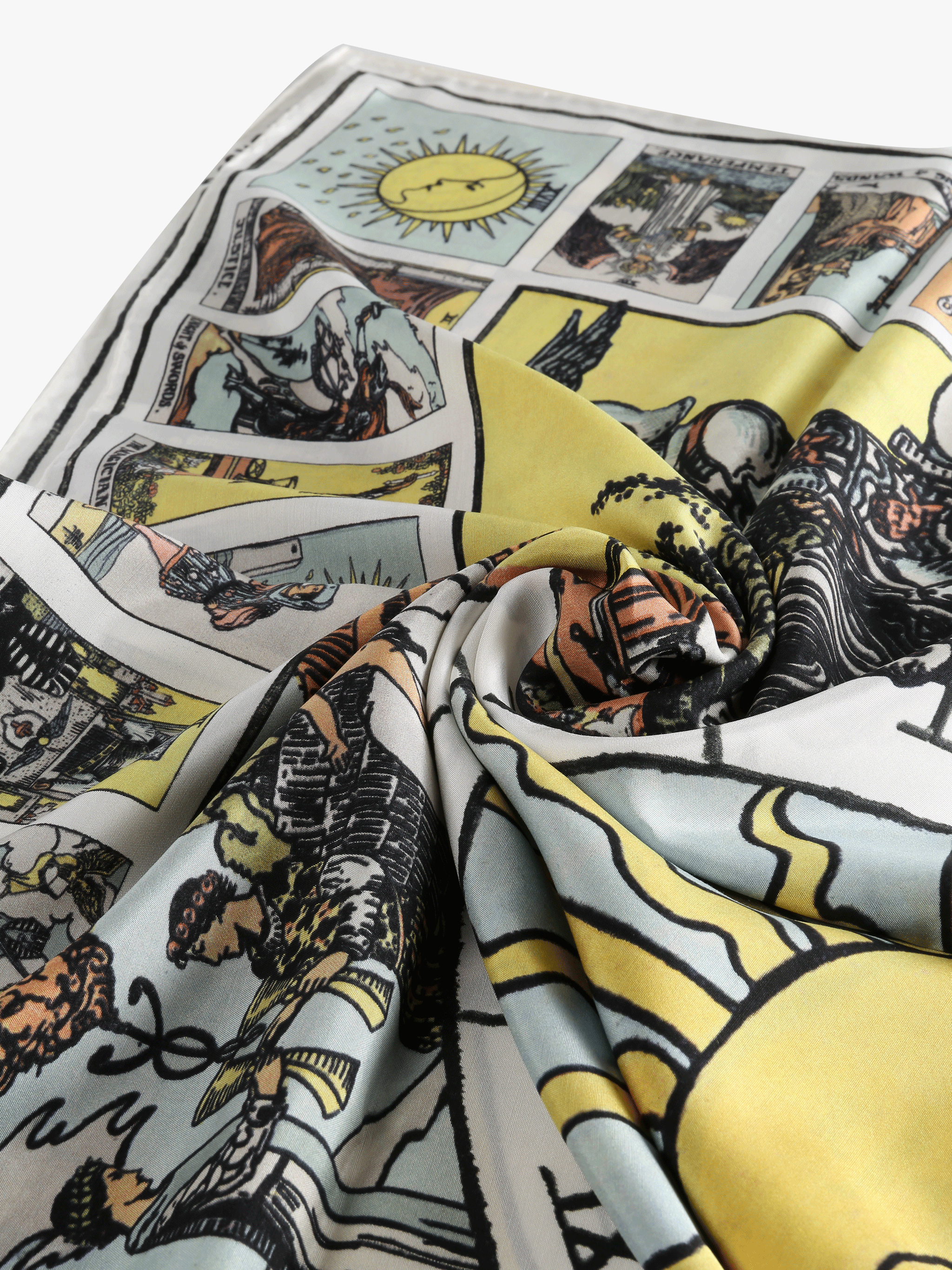 Close up of the blue scarf, showing texture of the silk fabric