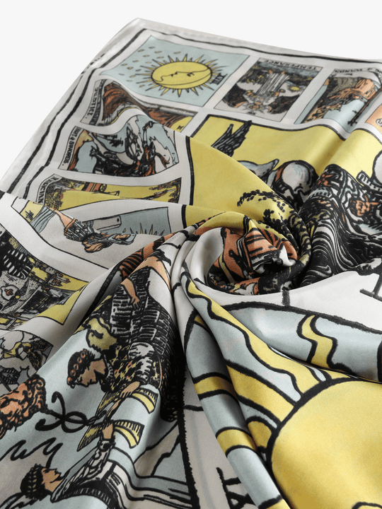 Close up of the blue scarf, showing texture of the silk fabric