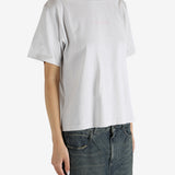 White t-shirt worn by a person, showing the shirt's fit