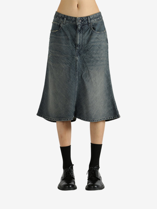 Blue skirts worn by a person, showing the skirt's fit