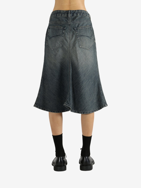 Blue skirts worn by a person, showing the skirt's fit