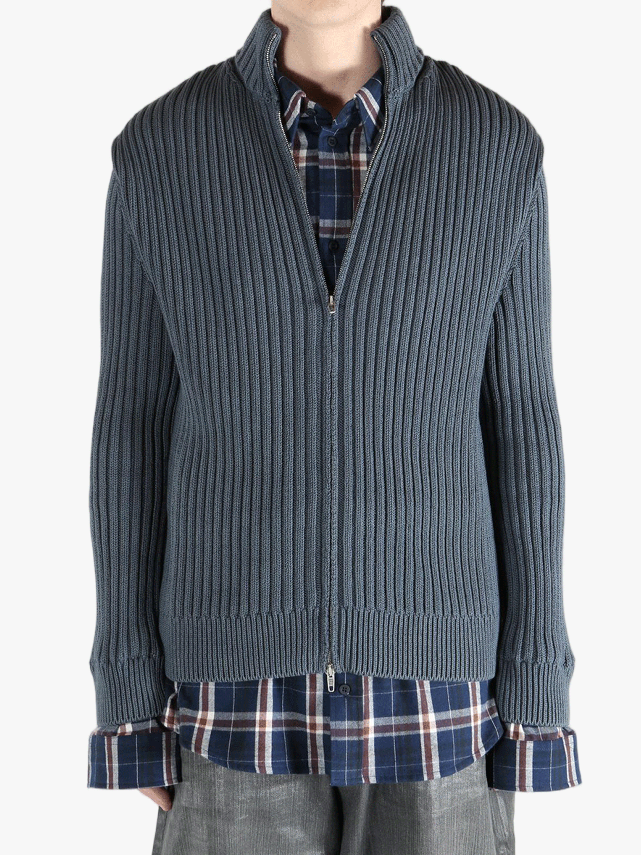 Grey sweater worn by a person, showing the sweater fit