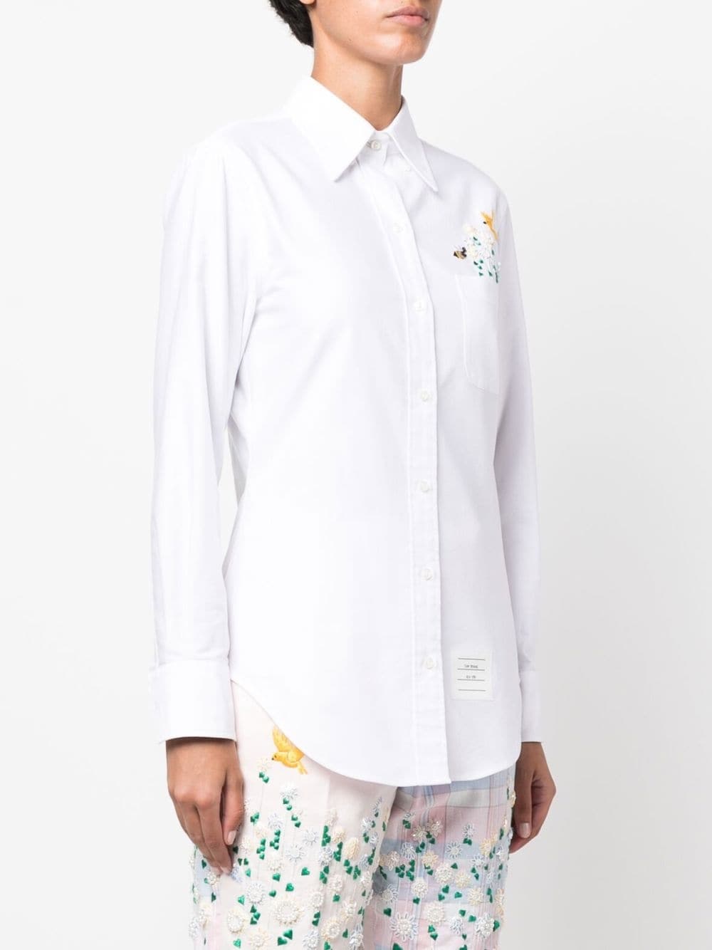 THOM BROWNE WOMEN CLASSIC POINT COLLAR SHIRT W/ SEQUIN FLOWERS AND