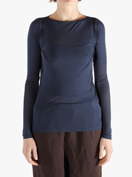 Navy t-shirt worn by a person, showing the t-shirt's fit