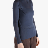 Navy t-shirt worn by a person, showing the t-shirt's fit