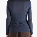 Navy t-shirt worn by a person, showing the t-shirt's fit