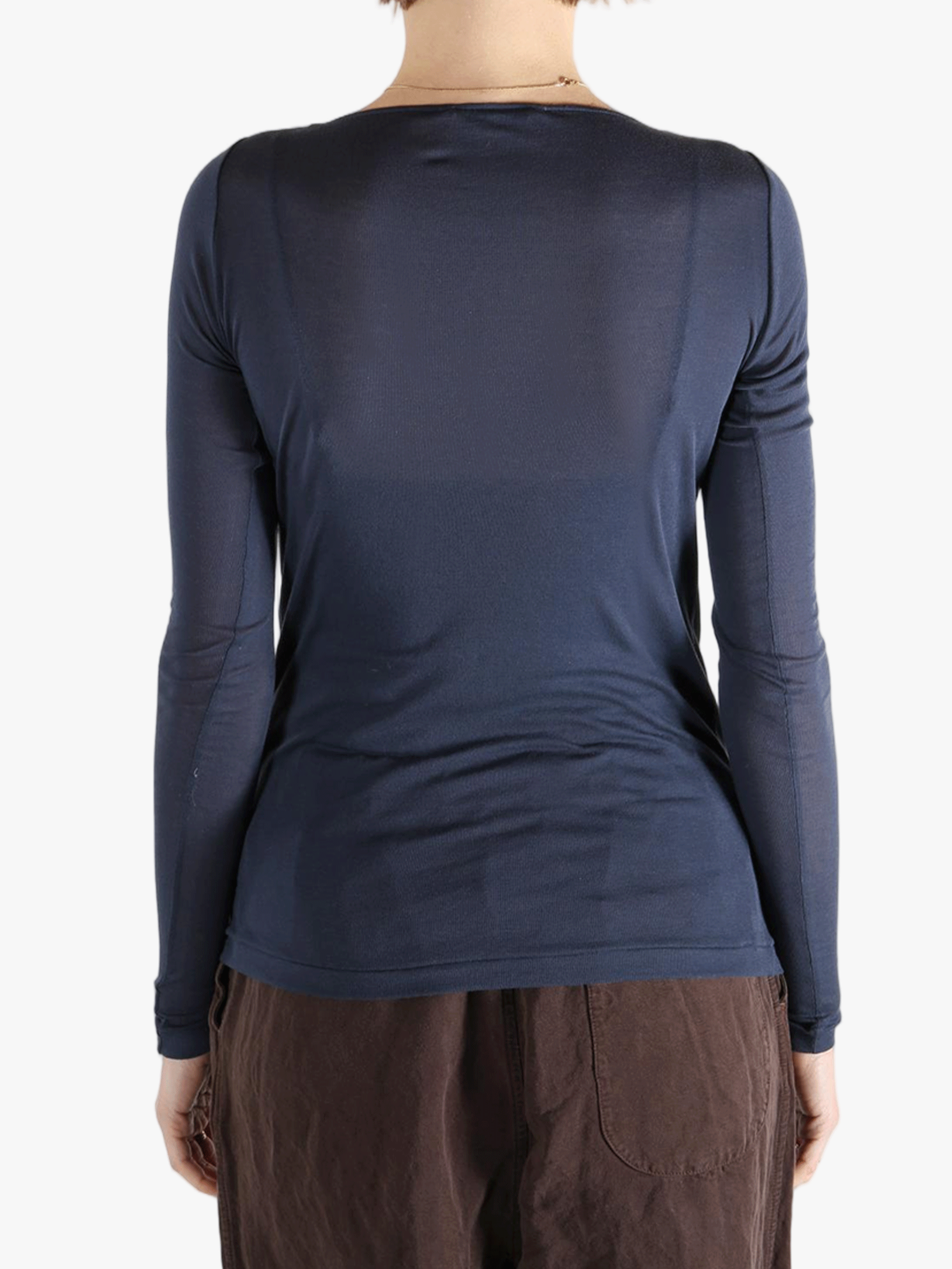 Navy t-shirt worn by a person, showing the t-shirt's fit