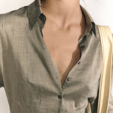 Close up of grey shirts, showing texture of the Linen and Viscose fabric
