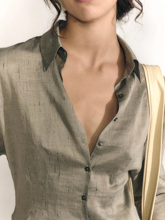 Close up of grey shirts, showing texture of the Linen and Viscose fabric