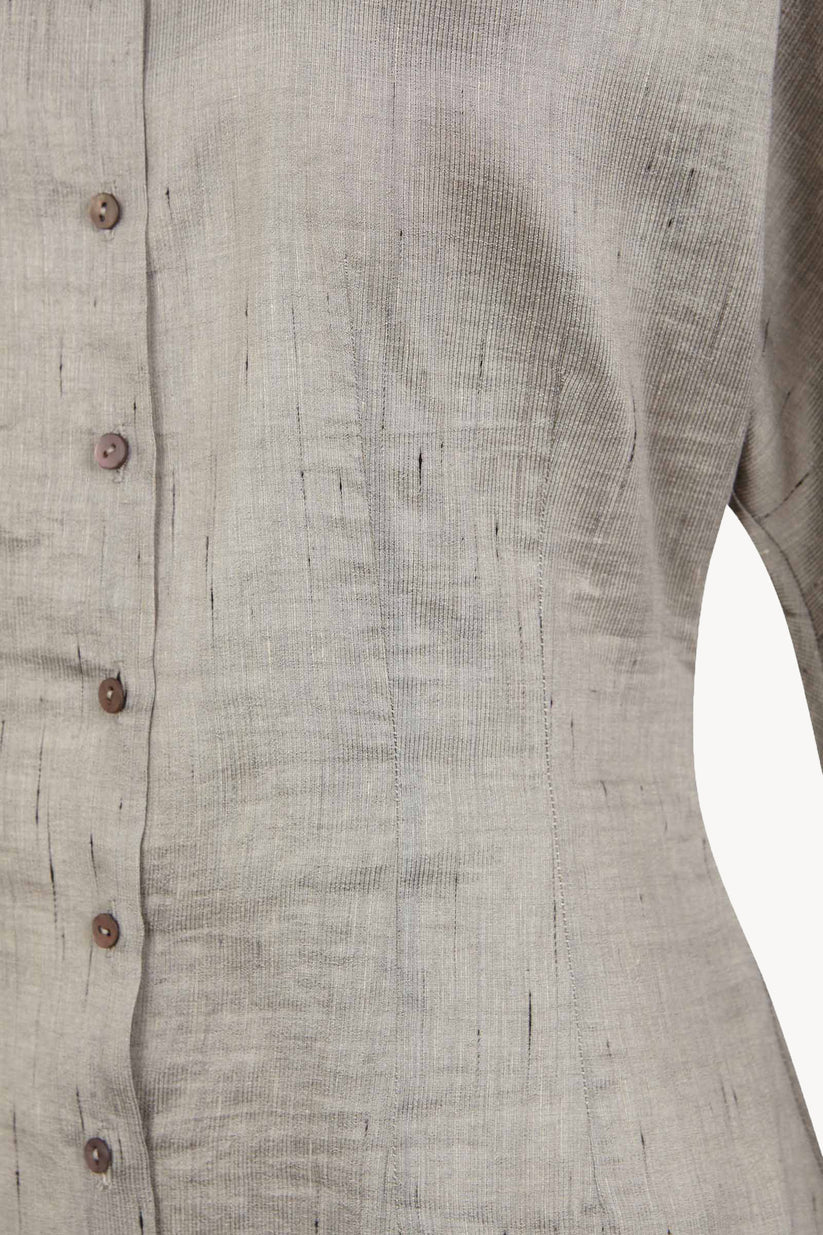Close up of grey shirts, showing texture of the Linen and Viscose fabric