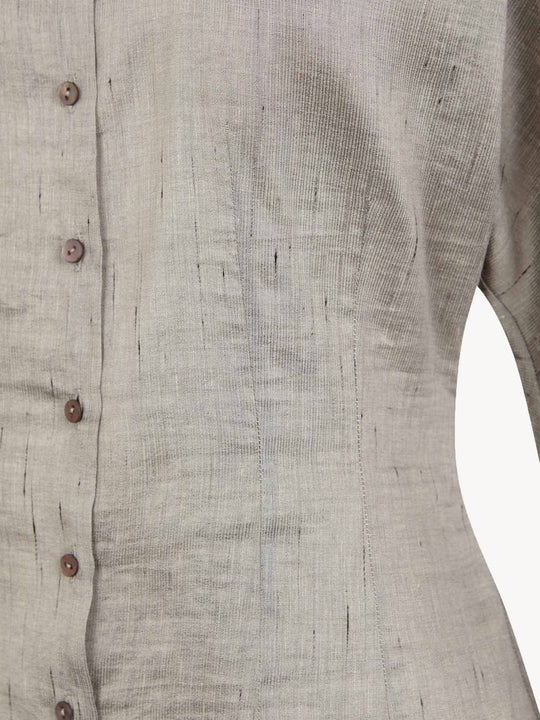 Close up of grey shirts, showing texture of the Linen and Viscose fabric