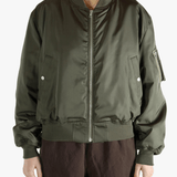 Green jackets-coats worn by a person, showing the jackets-coats's fit