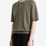 Green knitwear worn by a person, side view