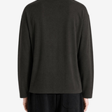 Black t-shirt worn by a person, back view