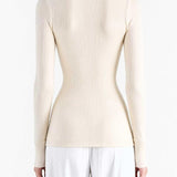 Tan top worn by a person, back view