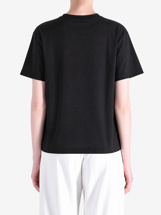 Black t-shirt worn by a person, showing the t-shirt's fit