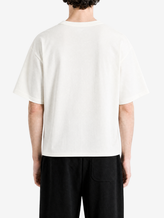 White t-shirt worn by a person, back view