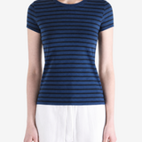 Blue t-shirt worn by a person, showing the t-shirt's fit