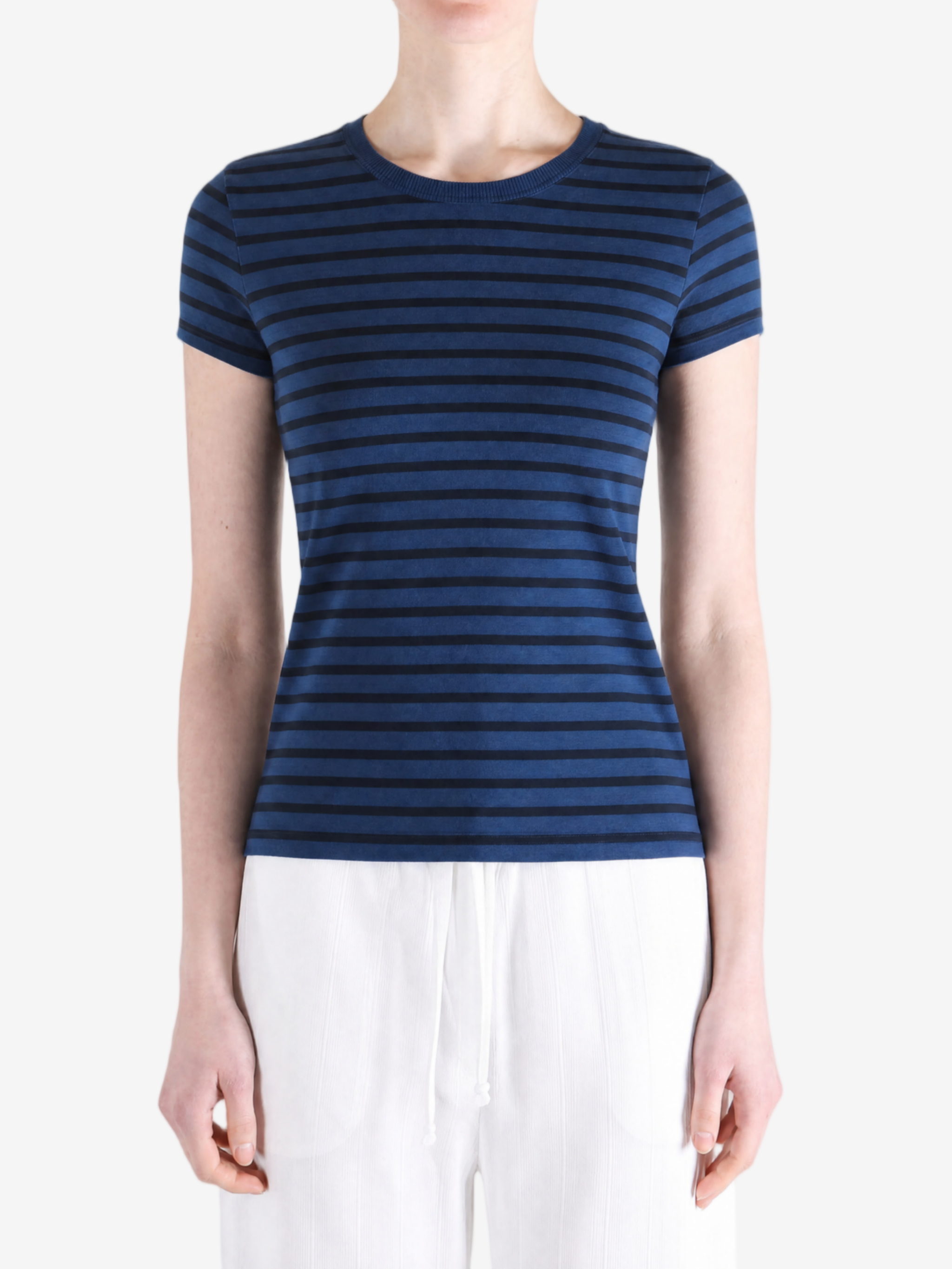 Blue t-shirt worn by a person, showing the t-shirt's fit