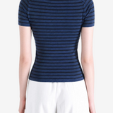 Blue t-shirt worn by a person, showing the t-shirt's fit