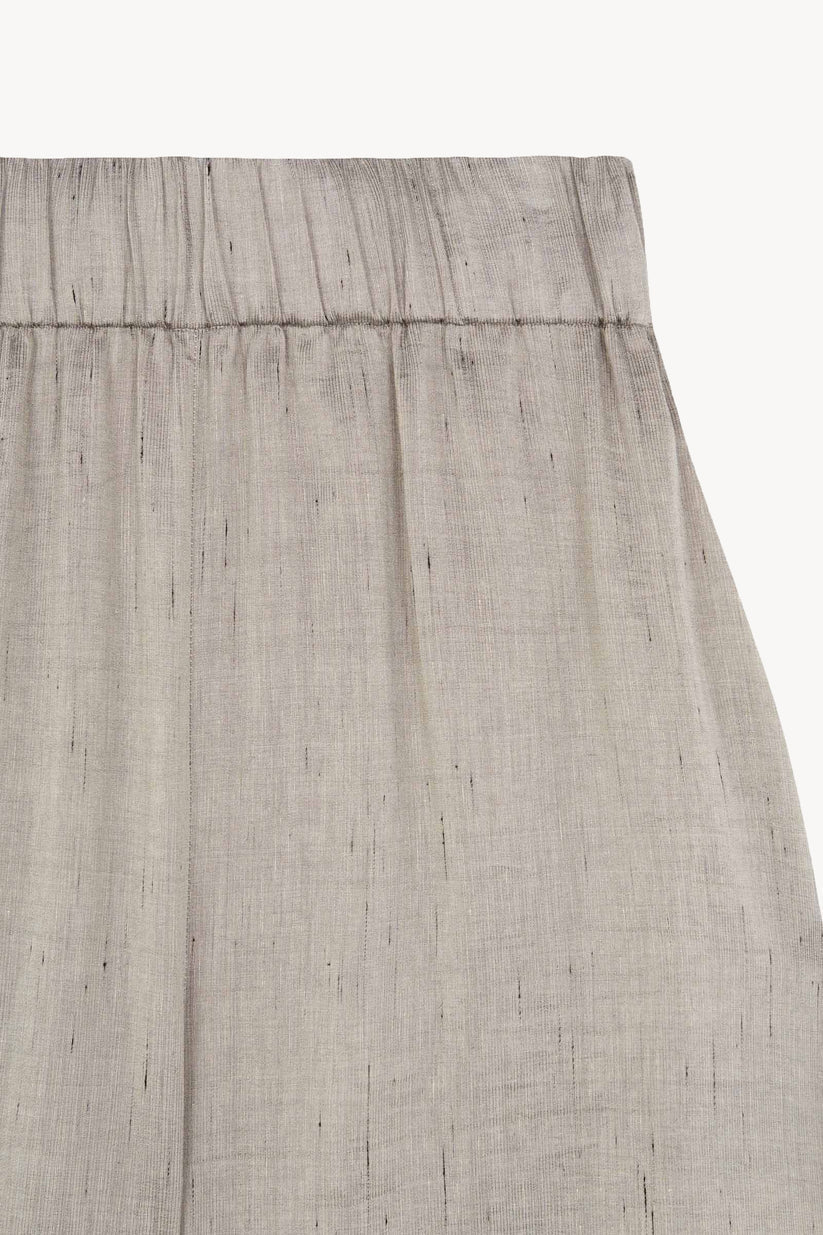 Close up of grey pant, showing texture of the Linen and Viscose fabric
