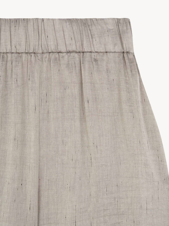 Close up of grey pant, showing texture of the Linen and Viscose fabric