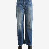 Blue pants worn by a person, showing the pants' fit