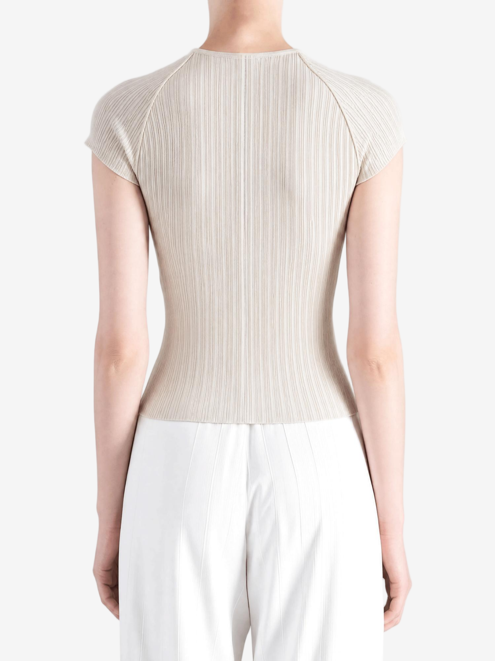 Grey tops worn by a person, showing the tops fit