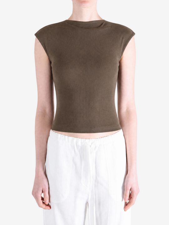 Brown top worn by a person, showing the top's fit