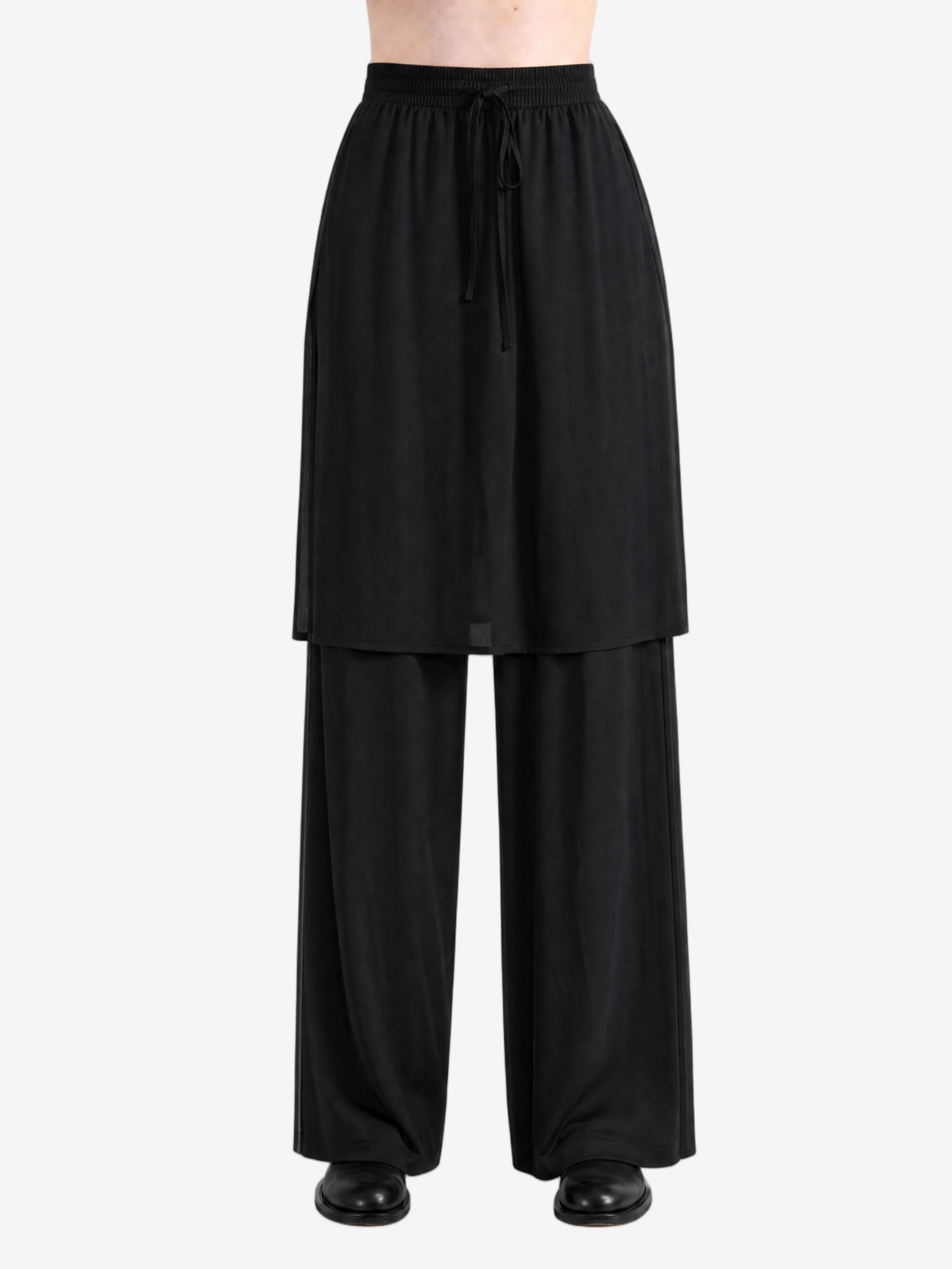 Black pants worn by a person, showing the pants fit