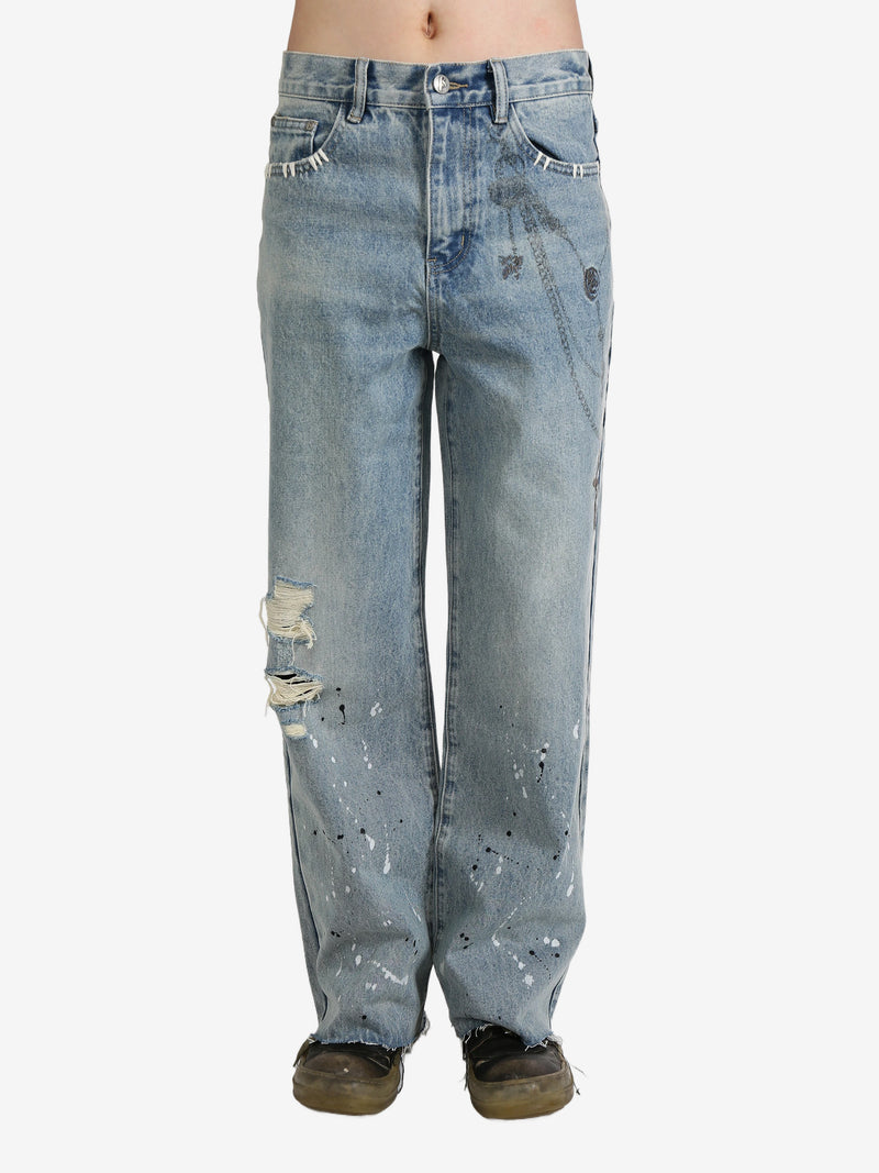 BIRTH OF ROYAL CHILD - Unisex Printed Cross Chains Washed Denim