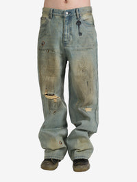 BIRTH OF ROYAL CHILD - Unisex Dirty-Washed Brushing Wax Baggy Denim