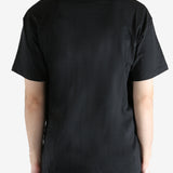 Black t-shirts worn by a person, showing the t-shirts fit