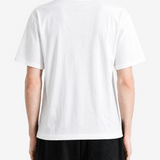 White t-shirt worn by a person, back view