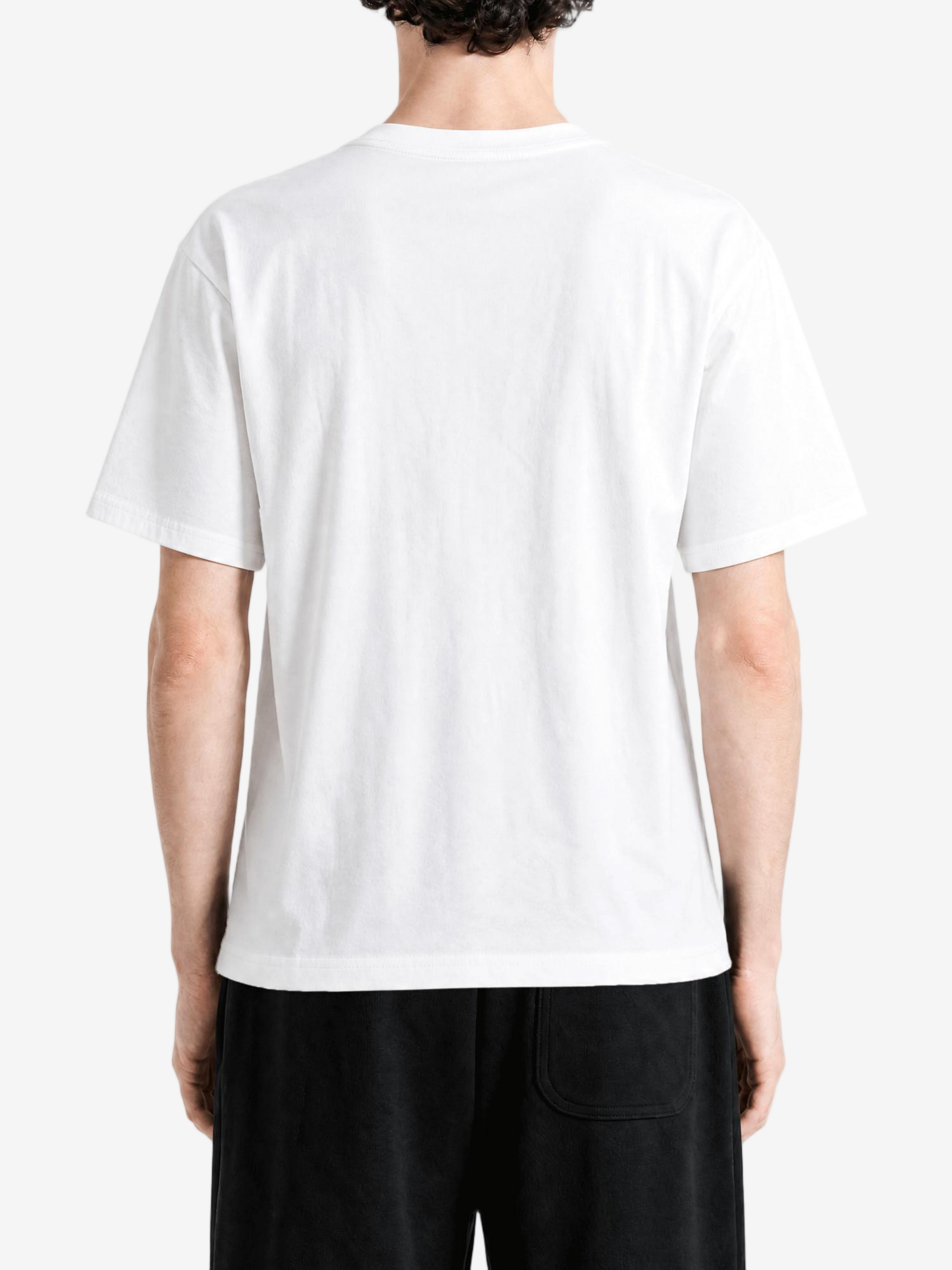 White t-shirt worn by a person, back view